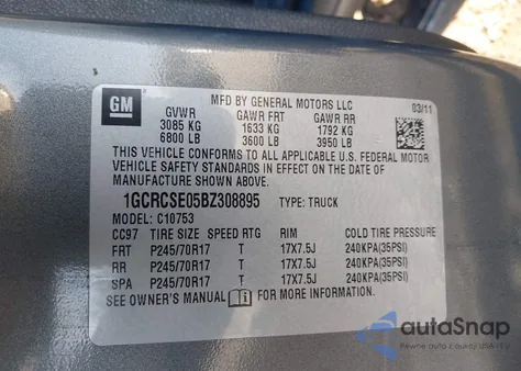 2011 Chevrolet Silverado 1500 Lt z USA, uszkodzony, nr VIN 1GCRCSE05BZ308895